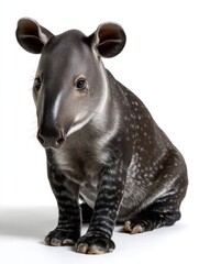 Obraz premium A baby animal with a big nose and black spots is sitting on a white background