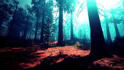 Tall trees with trunks reaching skyward fill the scene, their shadows spill across the vibrant...