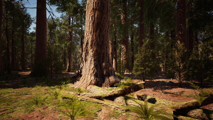 Obraz premium Sunlight filters through tall trees, highlighting the impressive trunk of a giant sequoia. Ferns and soft earth cover the forest floor, creating a peaceful and natural scene.