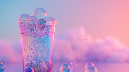 A bubble tea cup floats left with hyper-realistic soap bubble boba showing prismatic light dispersion, against a 60% pastel sky for copy.