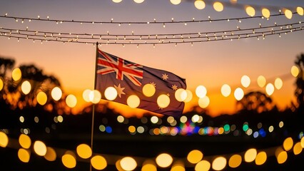 Australian flag waving against sunset with bokeh lights