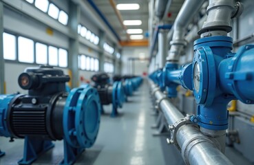 Indoors industrial shot shows long row of blue water pumps, metal pipes. Water pipelines, pumping systems, valves shown in factory utility. Water supply network with industrial equipment for clean