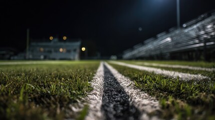 Nighttime medium shot of illuminated sports field lighting casting sharp shadows on the marked grass while the darkened bleachers remain out of focus.