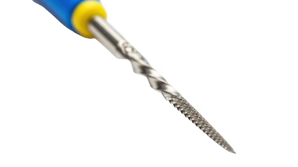 Dental endodontic file with blue and yellow handle and metallic tip isolated on a transparent background