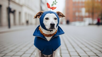 A dog dressed in a blue coat stands on a cobblestone street celebrating National Dress Up Your Pet Day