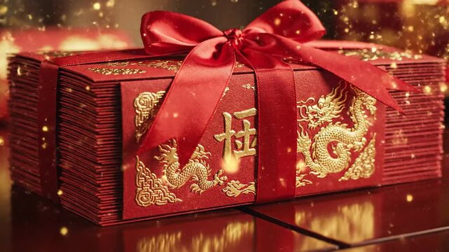 A pile of red envelopes with golden dragon designs and tied with a red ribbon, symbolizing good fortune and prosperity during celebrations