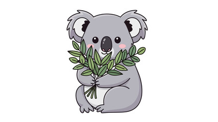 Fototapeta premium Cute cartoon koala holding eucalyptus leaves