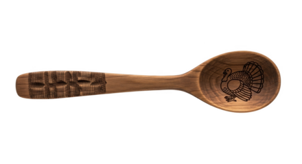 Engraved wooden spoon with turkey and text on handle isolated on a transparent background utensil kitchen