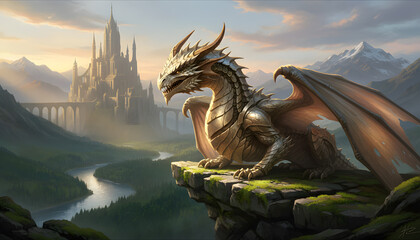 Fototapeta premium A gold dragon perched on a high rocky cliff overlooking a distant fantasy castle to serve as a dramatic background for marketing media.