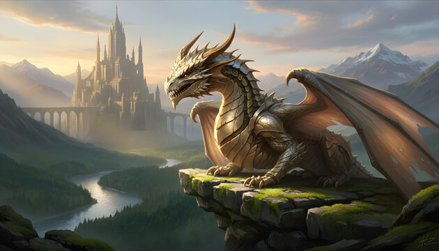 A gold dragon perched on a high rocky cliff overlooking a distant fantasy castle to serve as a dramatic background for marketing media.