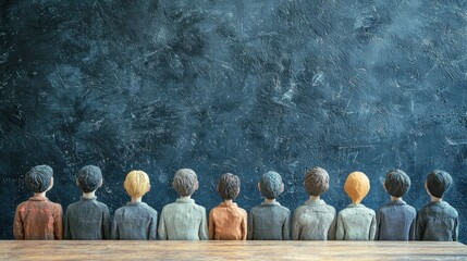 A group of wooden figurines of people standing in a row, facing a dark blue wall.
