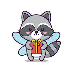 Adorable Raccoon Holding Gift Box Vector Illustration