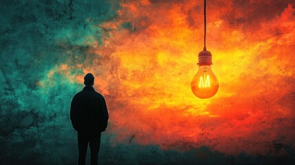 A man standing in front of a colorful, fiery background with a hanging light bulb.