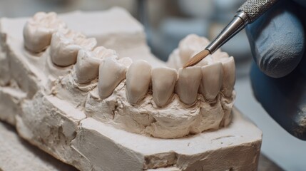 Medium shot of detailed wax sculpting on a dental stone model focusing on tooth anatomy shaping for smile design enhancement.