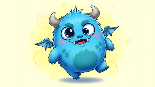 Whimsical blue monster creature with horns and wings for fantasy themes