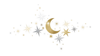 Golden crescent moon and stars isolated on transparent background