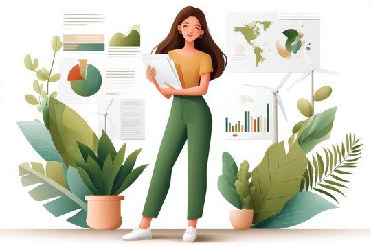 Eco-friendly business leader presents sustainable data with charts, graphs, and eco visuals for impact - Powered by Adobe