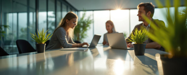 Team members work in a modern office using laptops. People sit at a table near plants and windows. Business professionals discuss project during a meeting.