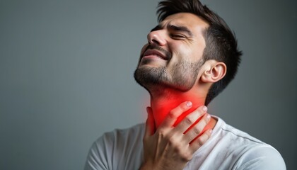 Young man touches painful inflamed throat. Male suffering from painful neck feels unwell. Person has a medical problem. Redness skin irritation indicates body ache. Healthcare concept showing illness.