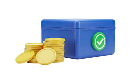Blue Treasure Chest with Golden Coins and Checkmark Icon
