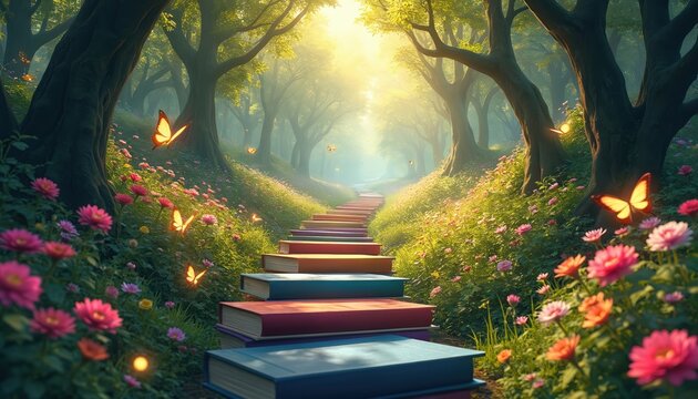 Steps made of books lead up a path through a lush green forest with flowers and butterflies. Sunlight streams through the trees creating a magical, enchanting scene.