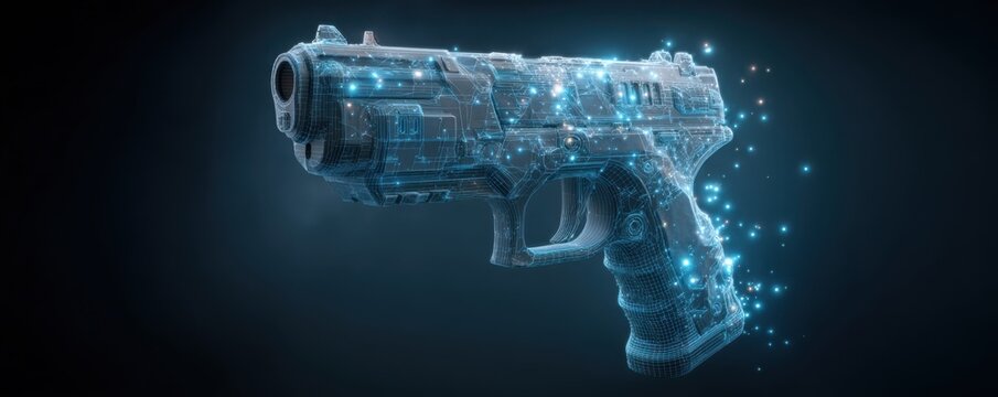 Futuristic blue digital gun held by abstract wireframe hand against a dark, tech-inspired background - Powered by Adobe