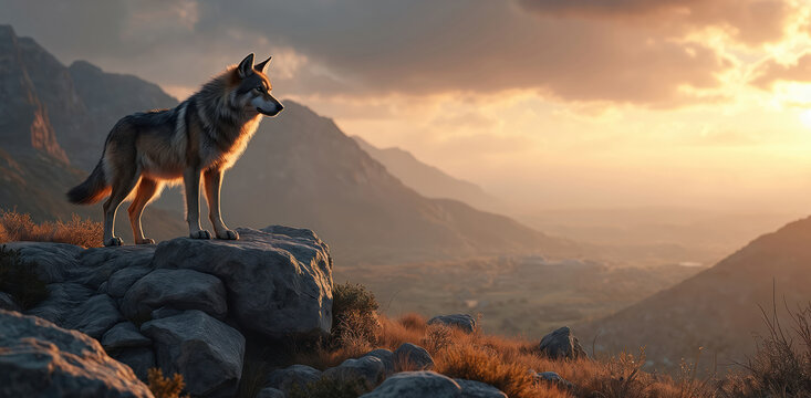 Dire wolf stands on rocks against mountain landscape at dusk. Wild animal looks afar on high ground. Strong predator in wild nature against cloudy sky. Ancient ecosystem habitat photo.