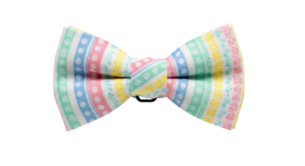 Pastel striped fabric bow tie with floral and dot patterns isolated on a transparent background image