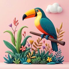 Obraz premium Illustration of toucan bird on branch with green plants and pink background. Cartoon clip art toucan sits on jungle foliage. Exotic bird concept for kids. Cloud in the sky.