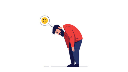 Sad and tired bearded man bent over with a sad face emoji in a thought bubble, depicting depression, sadness, and exhaustion.