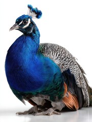 Obraz premium A blue and white peacock is standing on a white background