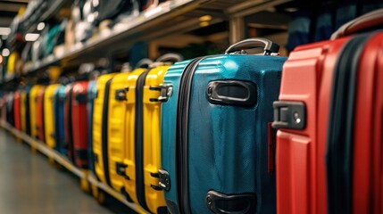 A row of colorful suitcases in a store.