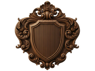 Ornate Wooden Shield Emblem with Decorative Frame.
