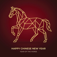 Golden Polygonal Line Art Horse Illustration. Modern Chinese New Year Zodiac Symbol on Dark Red Background.