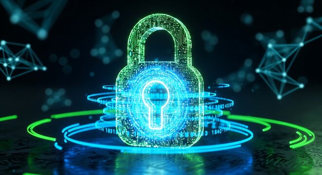 Glowing neon lock with digital circuit patterns for cybersecurity - Powered by Adobe