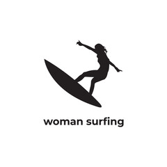 simple black silhouette woman surfing vector design