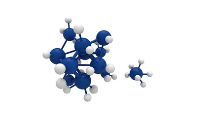 Molecular model with blue and white spheres representing atoms