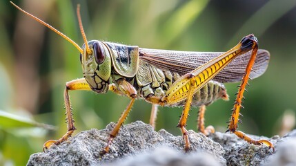A grasshopper with yellow and brown stripes on its body, perched on a rock with a blurred green background.