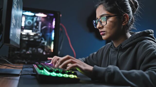 Person working on computer with illuminated keyboard