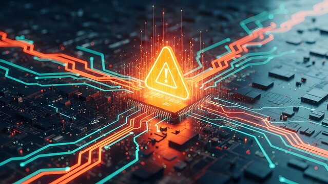 Close-up of digital interface shows cyber-attack attempt on electrical grid. Warning alert symbol flashes with data flowing, cyber security risk. Power outage threat with power lines tech background.
