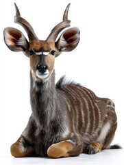 Fototapeta premium A deer with a large horn on its head is laying down on a white background
