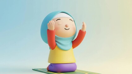 Cartoon character in prayer pose on a green mat against gradient backdrop