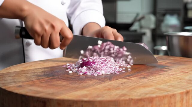 Chef chopping red onion on wooden board