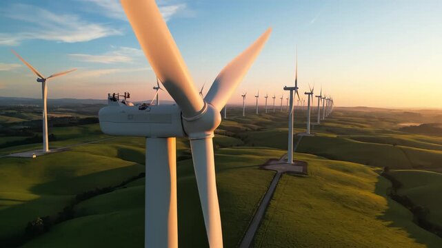 Wind turbines in green rolling hills