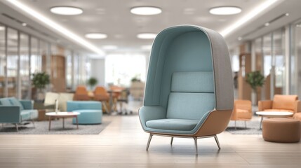 Centered view of pod seating in a communal waiting space with primary pod chair sharply focused surrounded by indistinct softly blurred other specialty areas to highlight privacy.