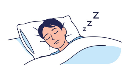 Young man sleeping peacefully in his comfortable bed at night, getting deep rest and dreaming for good health and relaxation.