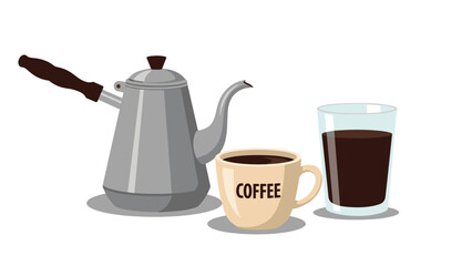 Morning coffee set with a gooseneck kettle, a warm mug, and a glass of black coffee for a caffeine boost to start the day.