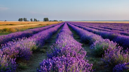 Obraz premium Majestic Lavender Fields Under Clear Sky with Rows of Fragrant Blooms Stretching to Horizon in Serene Landscape