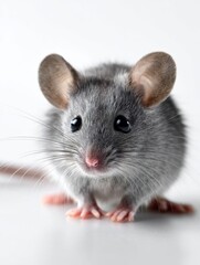A gray mouse with black eyes is standing on a white surface