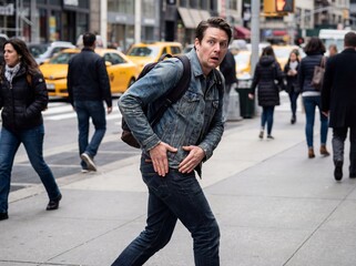 Obraz premium Shocked man in denim walking on a busy city street, checking his back pocket in panic, realizing his wallet is missing near yellow taxis and pedestrians.
